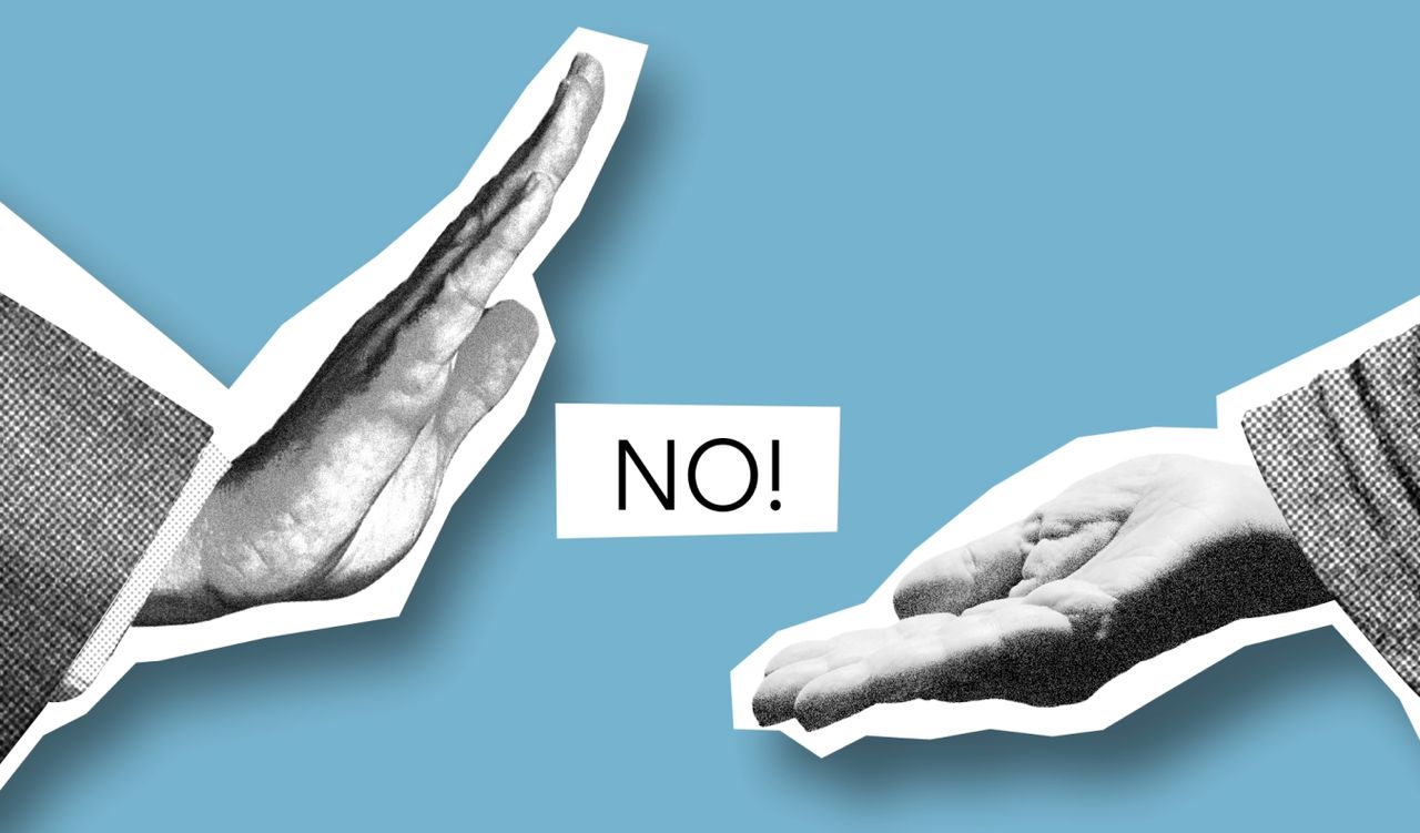 Cutout paper composition representing male showing rejection to outstretched helping hand during negotiations